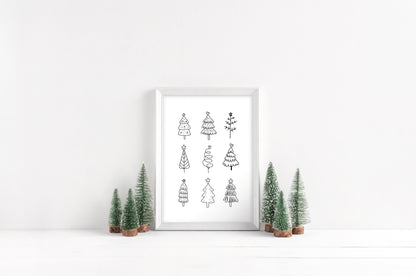 Christmas trees line drawing fun xmas seasonal unframed wall art poster print