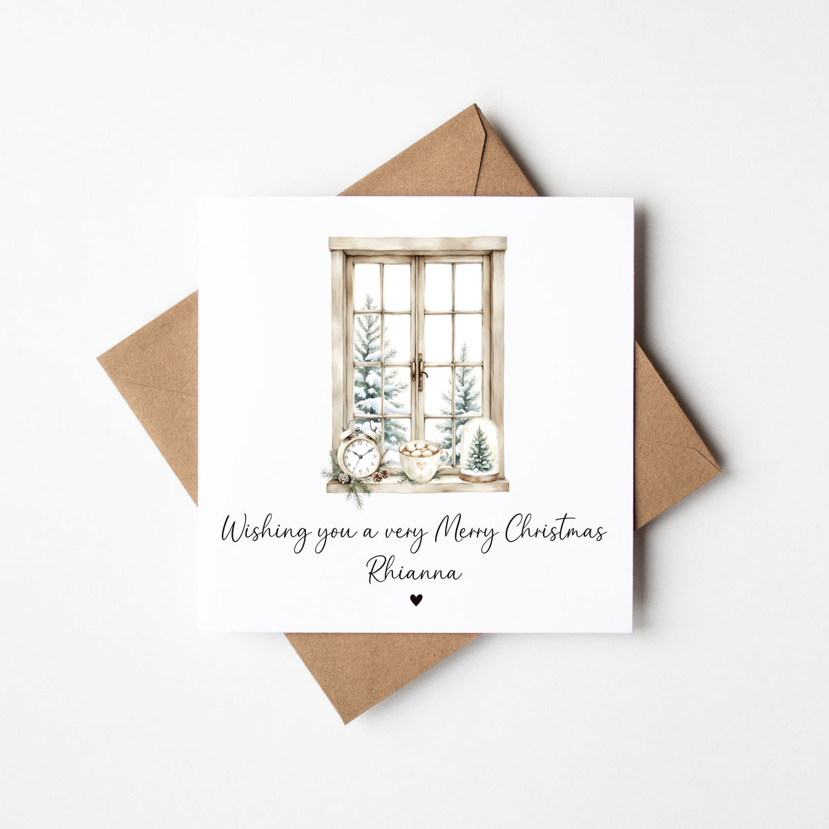 Christmas Card, Beige white festive window & foliage seasonal xmas personalised card with envelope