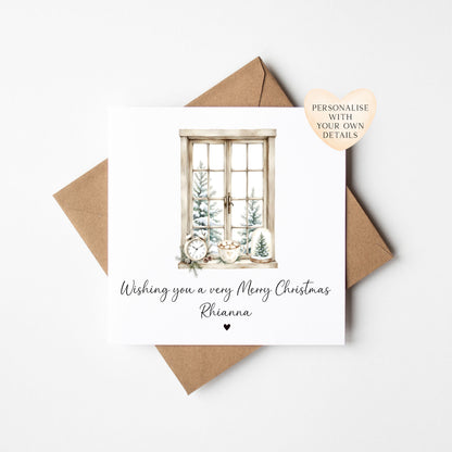 Christmas Card, Beige white festive window & foliage seasonal xmas personalised card with envelope