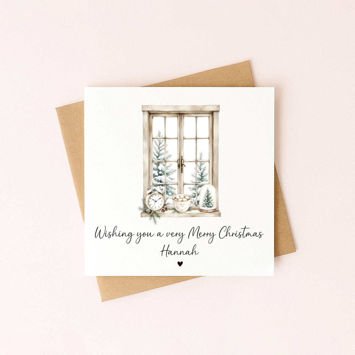 Christmas Card, Beige white festive window & foliage seasonal xmas personalised card with envelope