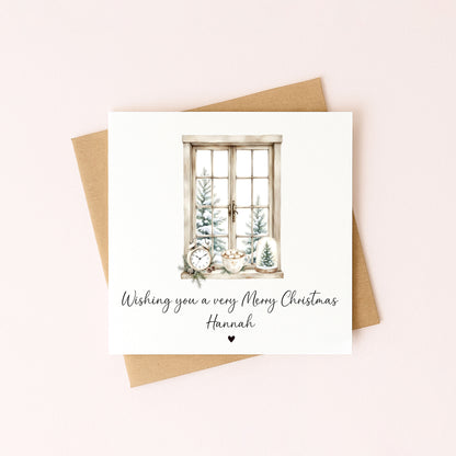Christmas Card, Beige white festive window & foliage seasonal xmas personalised card with envelope