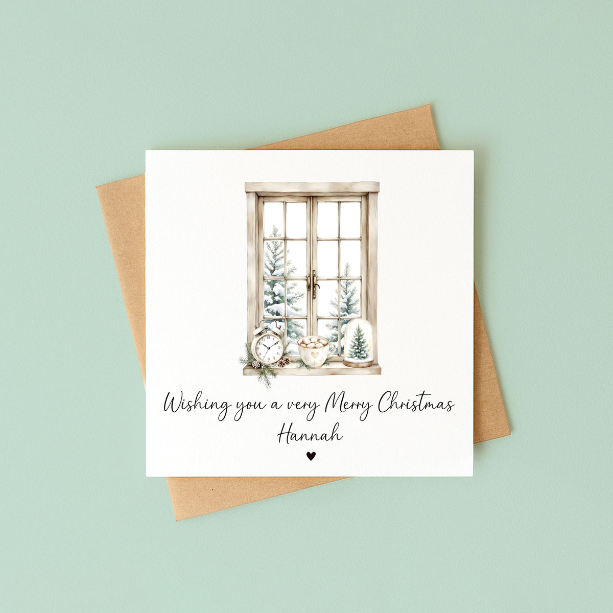 Christmas Card, Beige white festive window & foliage seasonal xmas personalised card with envelope
