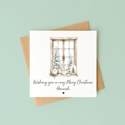 Christmas Card, Beige white festive window & foliage seasonal xmas personalised card with envelope