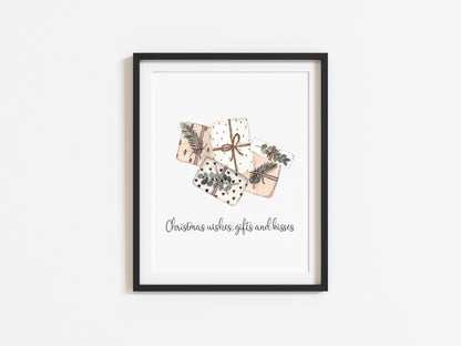 Christmas wishes, gifts and kisses watercolour boho presents xmas seasonal unframed wall art poster print