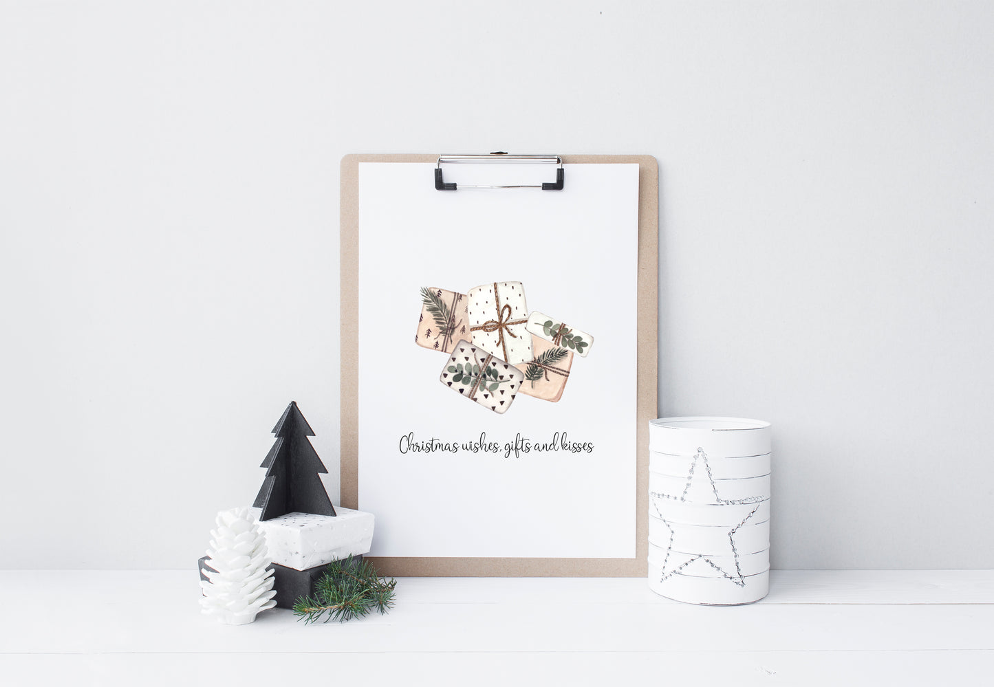 Christmas wishes, gifts and kisses watercolour boho presents xmas seasonal unframed wall art poster print
