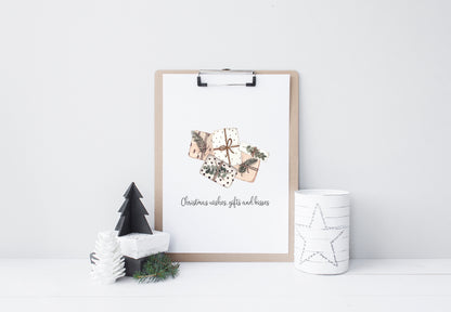 Christmas wishes, gifts and kisses watercolour boho presents xmas seasonal unframed wall art poster print