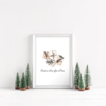 Christmas wishes, gifts and kisses watercolour boho presents xmas seasonal unframed wall art poster print