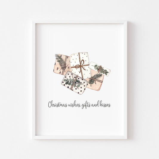 Christmas wishes, gifts and kisses watercolour boho presents xmas seasonal unframed wall art poster print