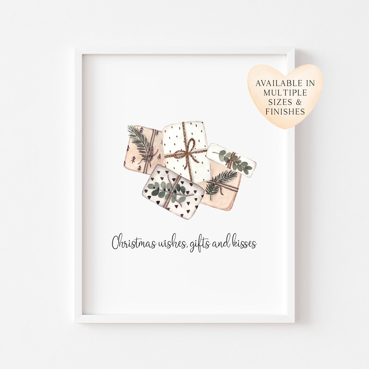 Christmas wishes, gifts and kisses watercolour boho presents xmas seasonal unframed wall art poster print