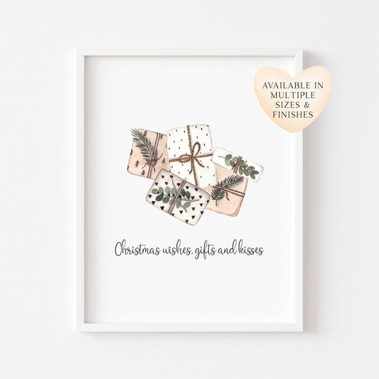Christmas wishes, gifts and kisses watercolour boho presents xmas seasonal unframed wall art poster print