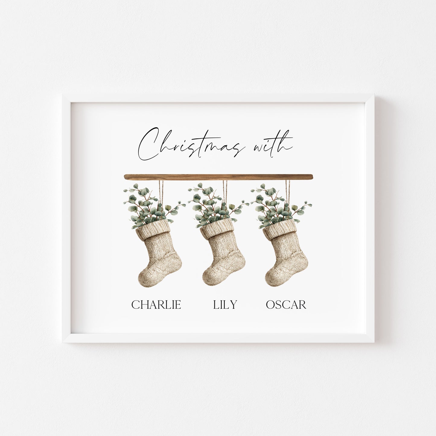 Personalised Christmas stocking family print green eucalyptus stockings unframed wall art poster print
