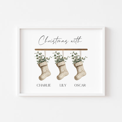 Personalised Christmas stocking family print green eucalyptus stockings unframed wall art poster print