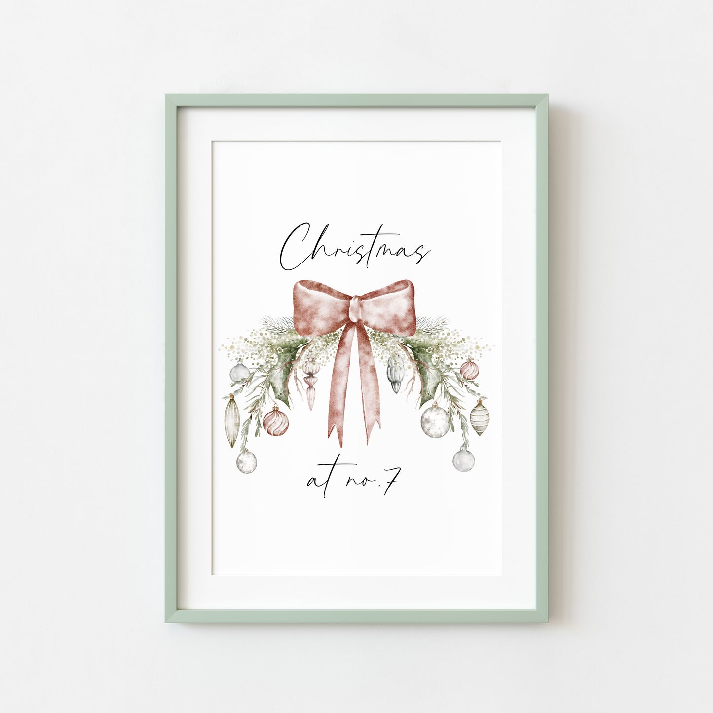 Personalised Christmas Family Name Print Bauble wreath seasonal Wall Art (unframed)