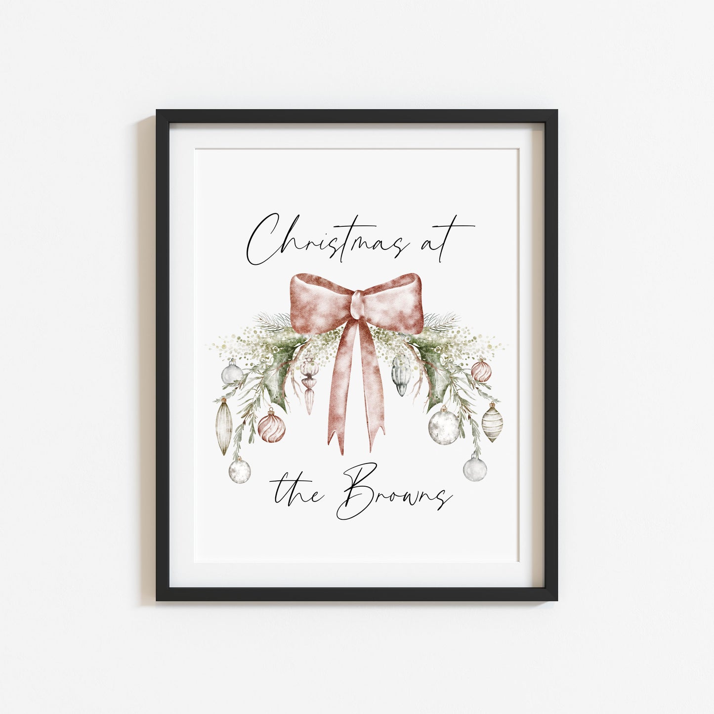 Personalised Christmas Family Name Print Bauble wreath seasonal Wall Art (unframed)