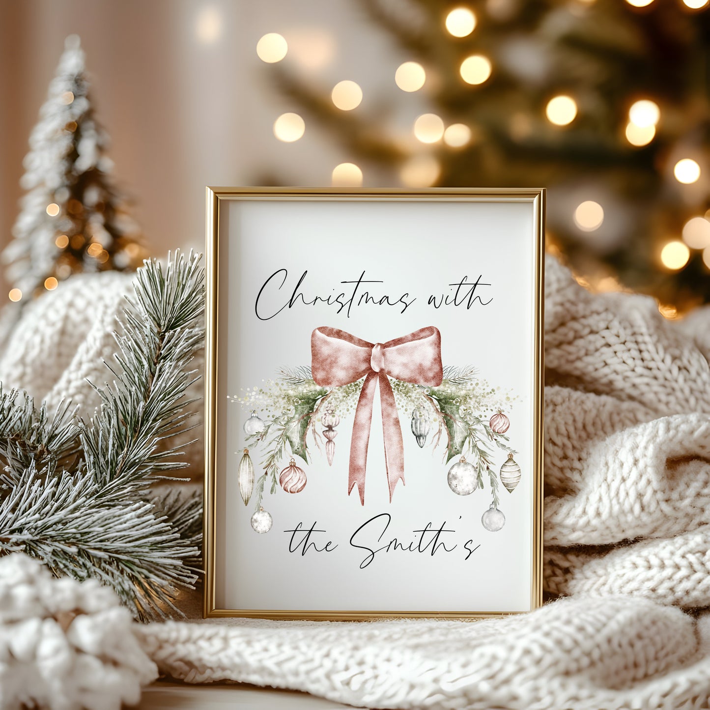 Personalised Christmas Family Name Print Bauble wreath seasonal Wall Art (unframed)