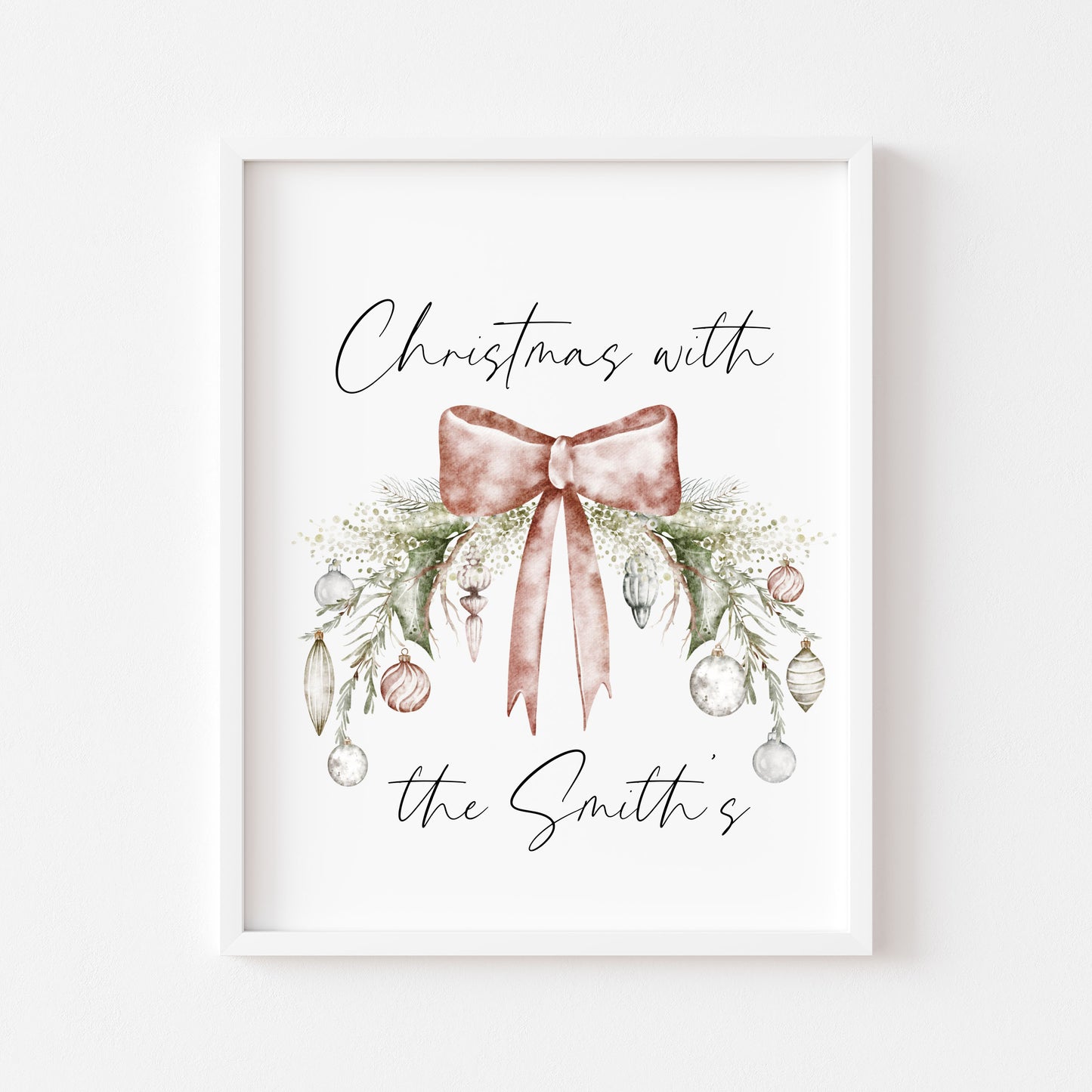 Personalised Christmas Family Name Print Bauble wreath seasonal Wall Art (unframed)