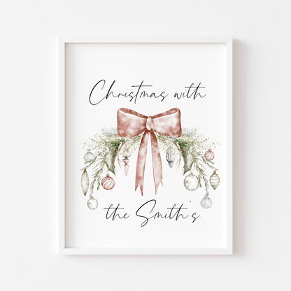 Personalised Christmas Family Name Print Bauble wreath seasonal Wall Art (unframed)