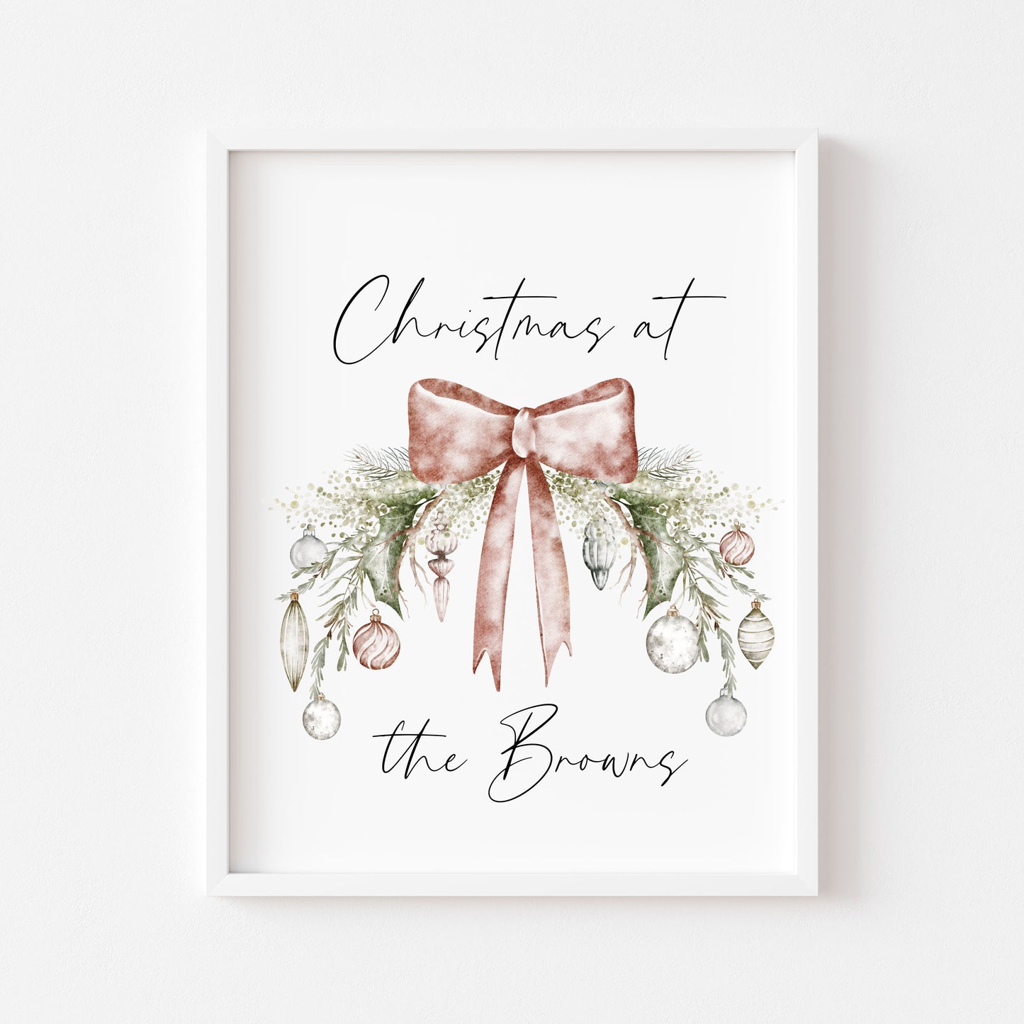 Personalised Christmas Family Name Print Bauble wreath seasonal Wall Art (unframed)