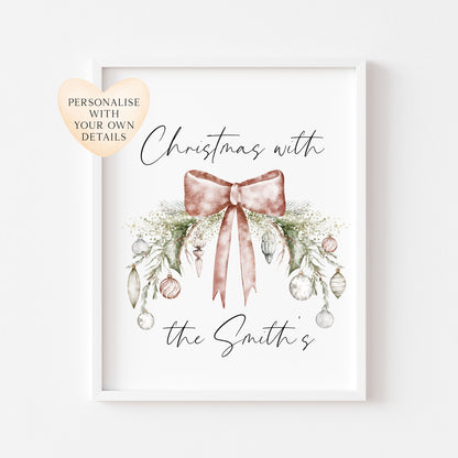 Personalised Christmas Family Name Print Bauble wreath seasonal Wall Art (unframed)
