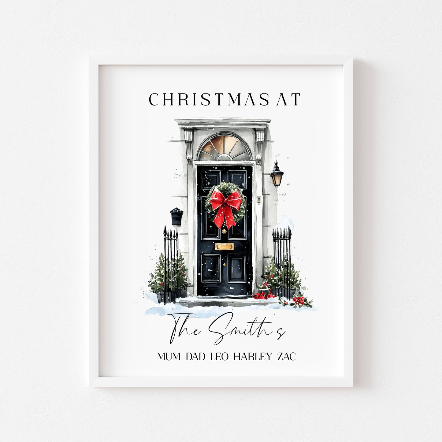Personalised Christmas Family Name Red Ribbon wreath xmas door Print Festive Holiday Wall Art (unframed)