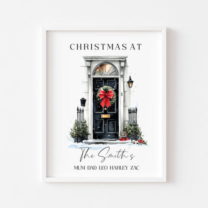 Personalised Christmas Family Name Red Ribbon wreath xmas door Print Festive Holiday Wall Art (unframed)