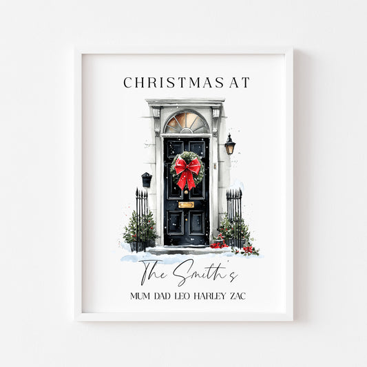 Personalised Christmas Family Name Red Ribbon wreath xmas door Print Festive Holiday Wall Art (unframed)