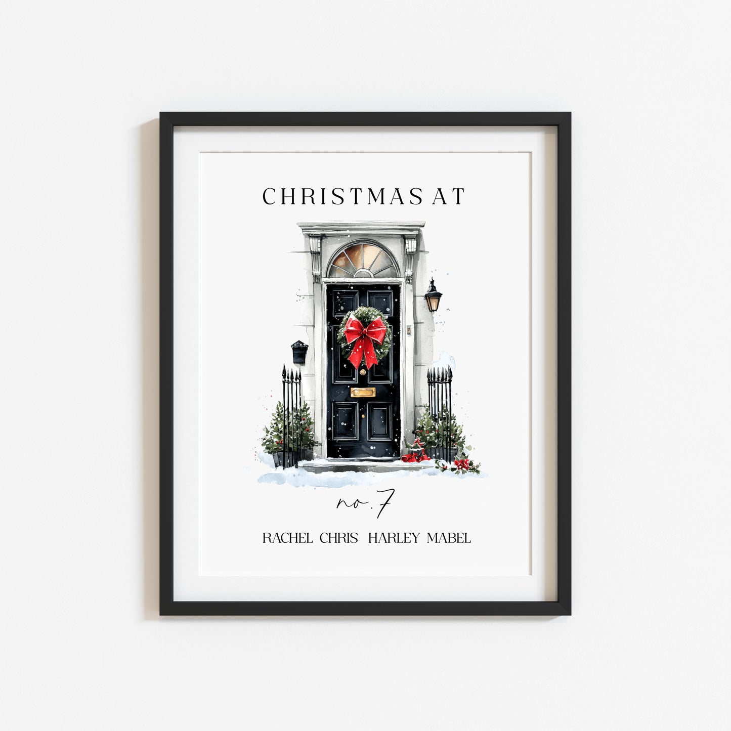 Personalised Christmas Family Name Red Ribbon wreath xmas door Print Festive Holiday Wall Art (unframed)