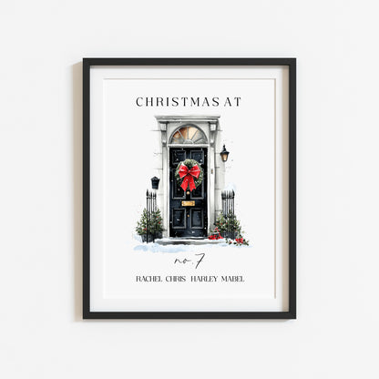 Personalised Christmas Family Name Red Ribbon wreath xmas door Print Festive Holiday Wall Art (unframed)