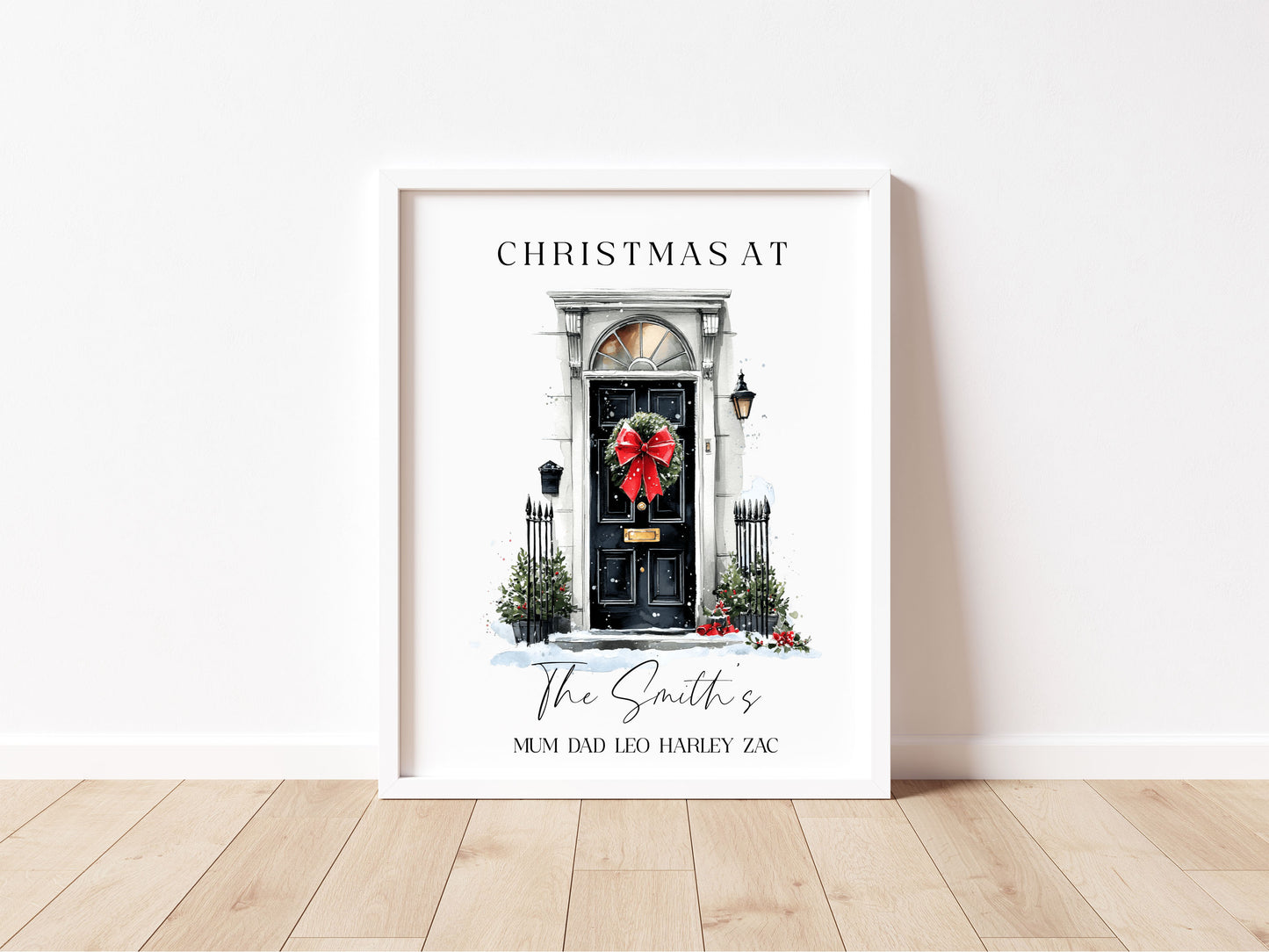 Personalised Christmas Family Name Red Ribbon wreath xmas door Print Festive Holiday Wall Art (unframed)