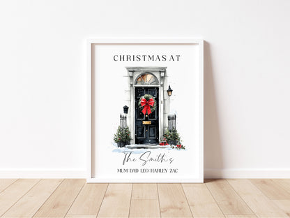 Personalised Christmas Family Name Red Ribbon wreath xmas door Print Festive Holiday Wall Art (unframed)