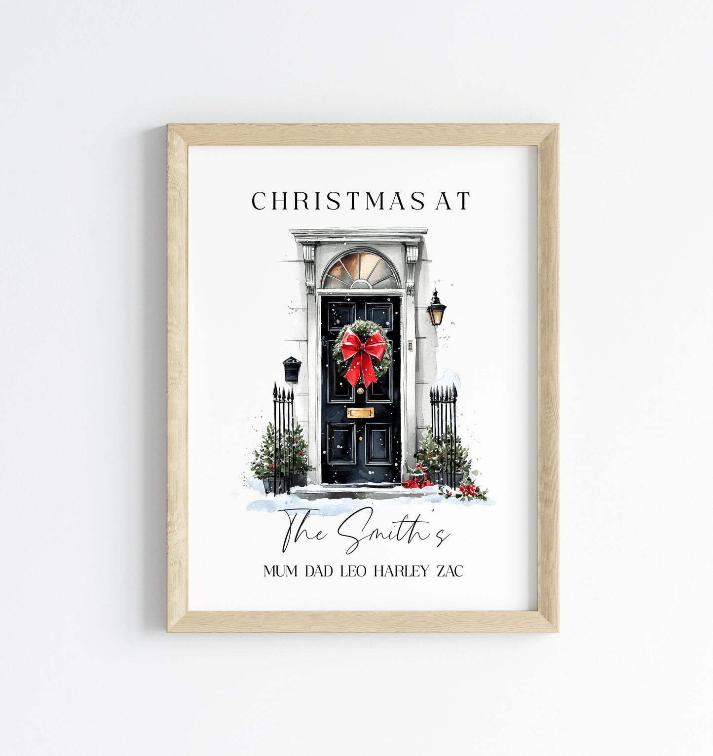 Personalised Christmas Family Name Red Ribbon wreath xmas door Print Festive Holiday Wall Art (unframed)