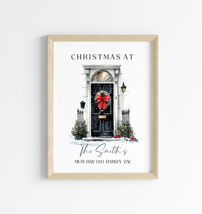 Personalised Christmas Family Name Red Ribbon wreath xmas door Print Festive Holiday Wall Art (unframed)