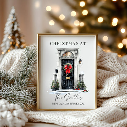 Personalised Christmas Family Name Red Ribbon wreath xmas door Print Festive Holiday Wall Art (unframed)