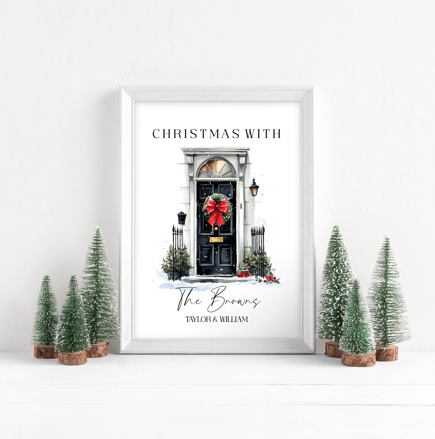 Personalised Christmas Family Name Red Ribbon wreath xmas door Print Festive Holiday Wall Art (unframed)
