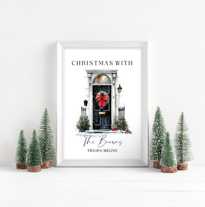 Personalised Christmas Family Name Red Ribbon wreath xmas door Print Festive Holiday Wall Art (unframed)