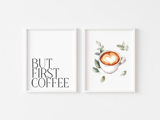 Set of 2 coffee prints, but first coffee watercolour botanical coffee pics kitchen bedroom office unframed wall art poster prints coffee art