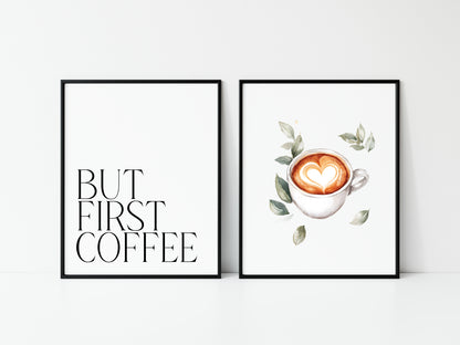 Set of 2 coffee prints, but first coffee watercolour botanical coffee pics kitchen bedroom office unframed wall art poster prints coffee art