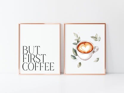 Set of 2 coffee prints, but first coffee watercolour botanical coffee pics kitchen bedroom office unframed wall art poster prints coffee art