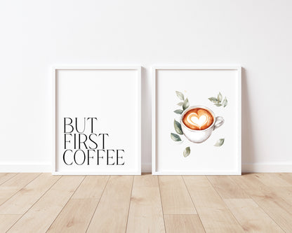 Set of 2 coffee prints, but first coffee watercolour botanical coffee pics kitchen bedroom office unframed wall art poster prints coffee art