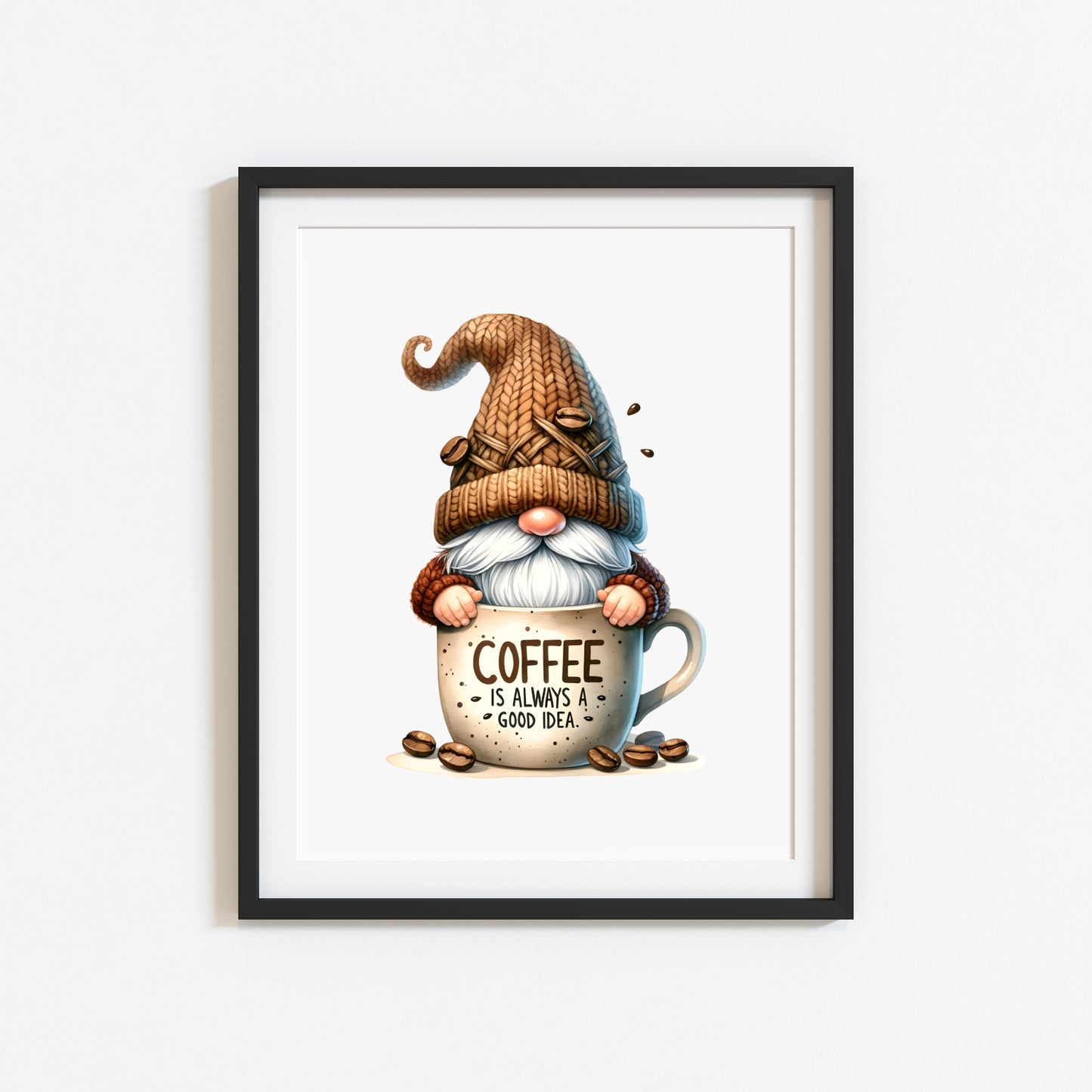 Coffee Print Watercolour Gonk gnome scene Kitchen Wall Art (unframed)