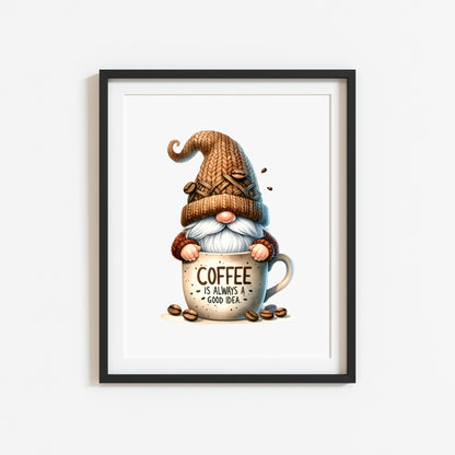 Coffee Print Watercolour Gonk gnome scene Kitchen Wall Art (unframed)