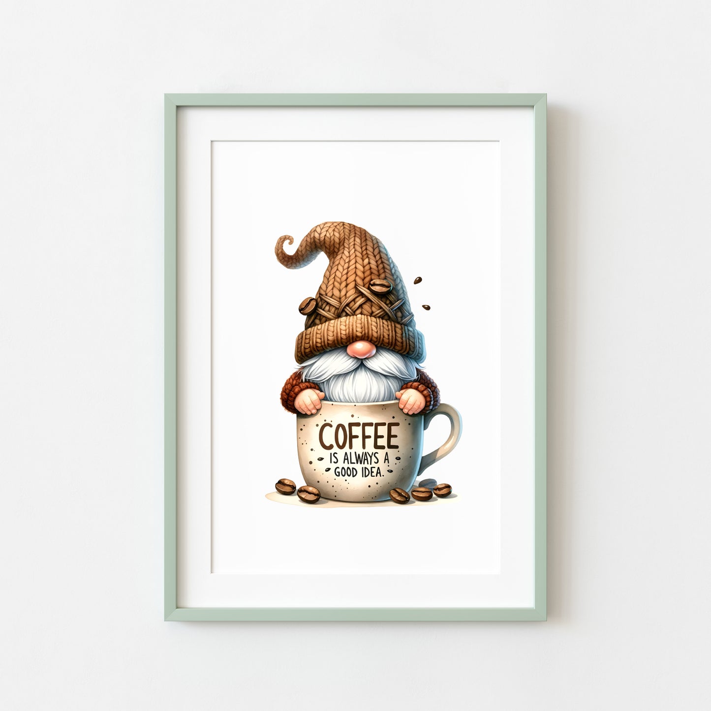 Coffee Print Watercolour Gonk gnome scene Kitchen Wall Art (unframed)