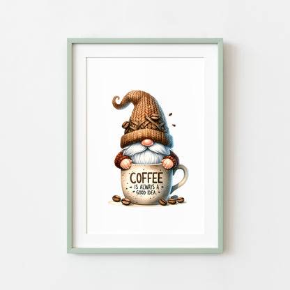 Coffee Print Watercolour Gonk gnome scene Kitchen Wall Art (unframed)