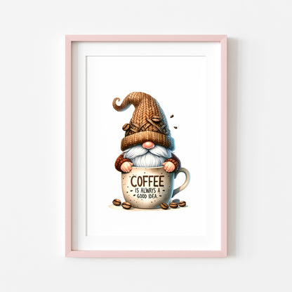 Coffee Print Watercolour Gonk gnome scene Kitchen Wall Art (unframed)