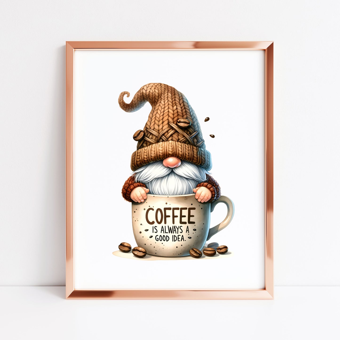 Coffee Print Watercolour Gonk gnome scene Kitchen Wall Art (unframed)