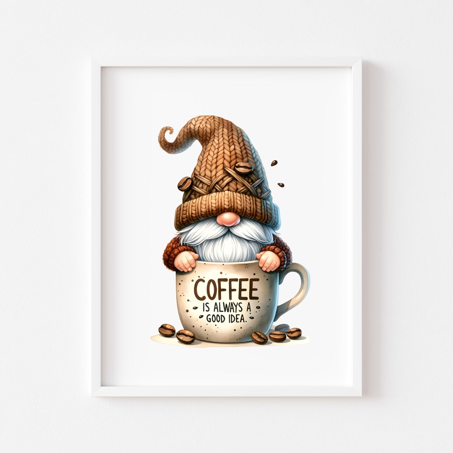 Coffee Print Watercolour Gonk gnome scene Kitchen Wall Art (unframed)