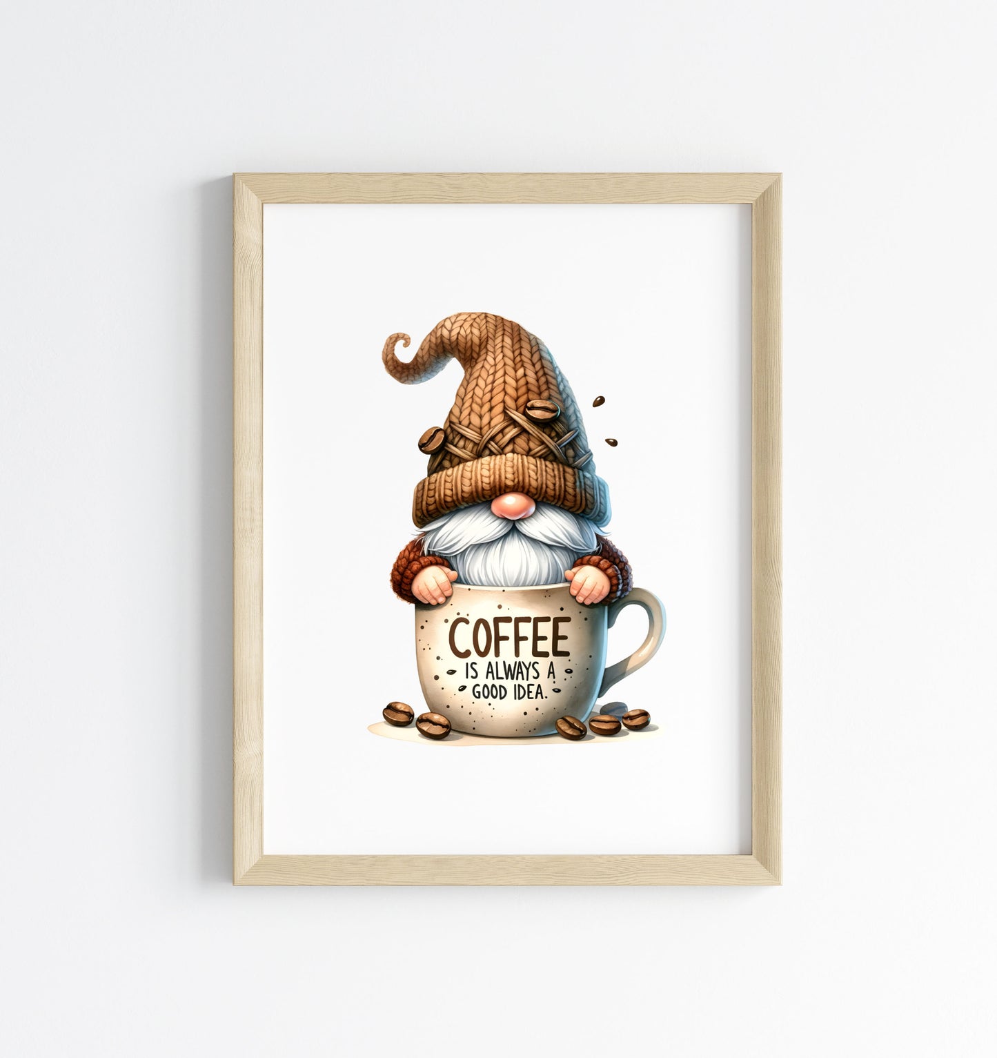 Coffee Print Watercolour Gonk gnome scene Kitchen Wall Art (unframed)