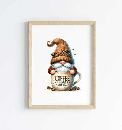 Coffee Print Watercolour Gonk gnome scene Kitchen Wall Art (unframed)