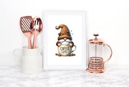 Coffee Print Watercolour Gonk gnome scene Kitchen Wall Art (unframed)