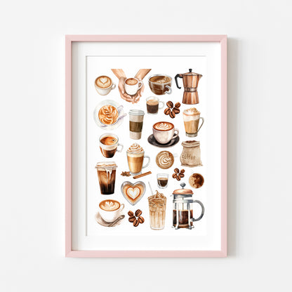 Coffee Print Watercolour coffee mood board Kitchen unframed Wall Art